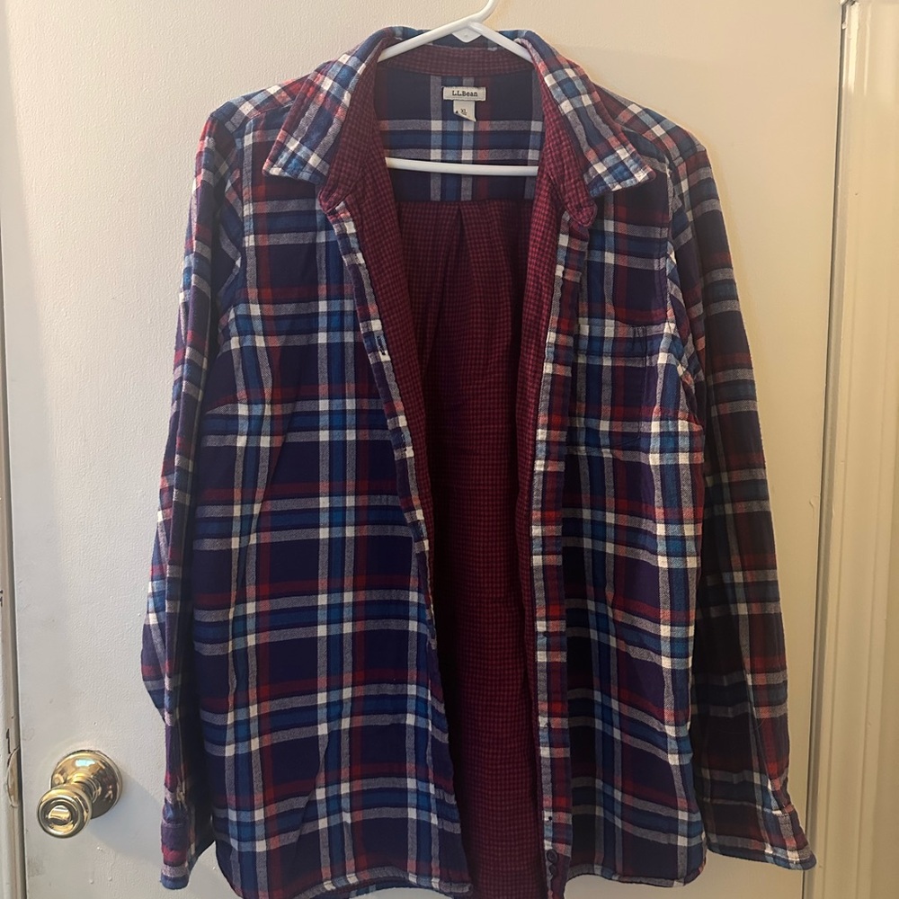 L.L. Bean Multicolor Plaid Shirt Heavy Flannel XL Red White Blue Button Down
